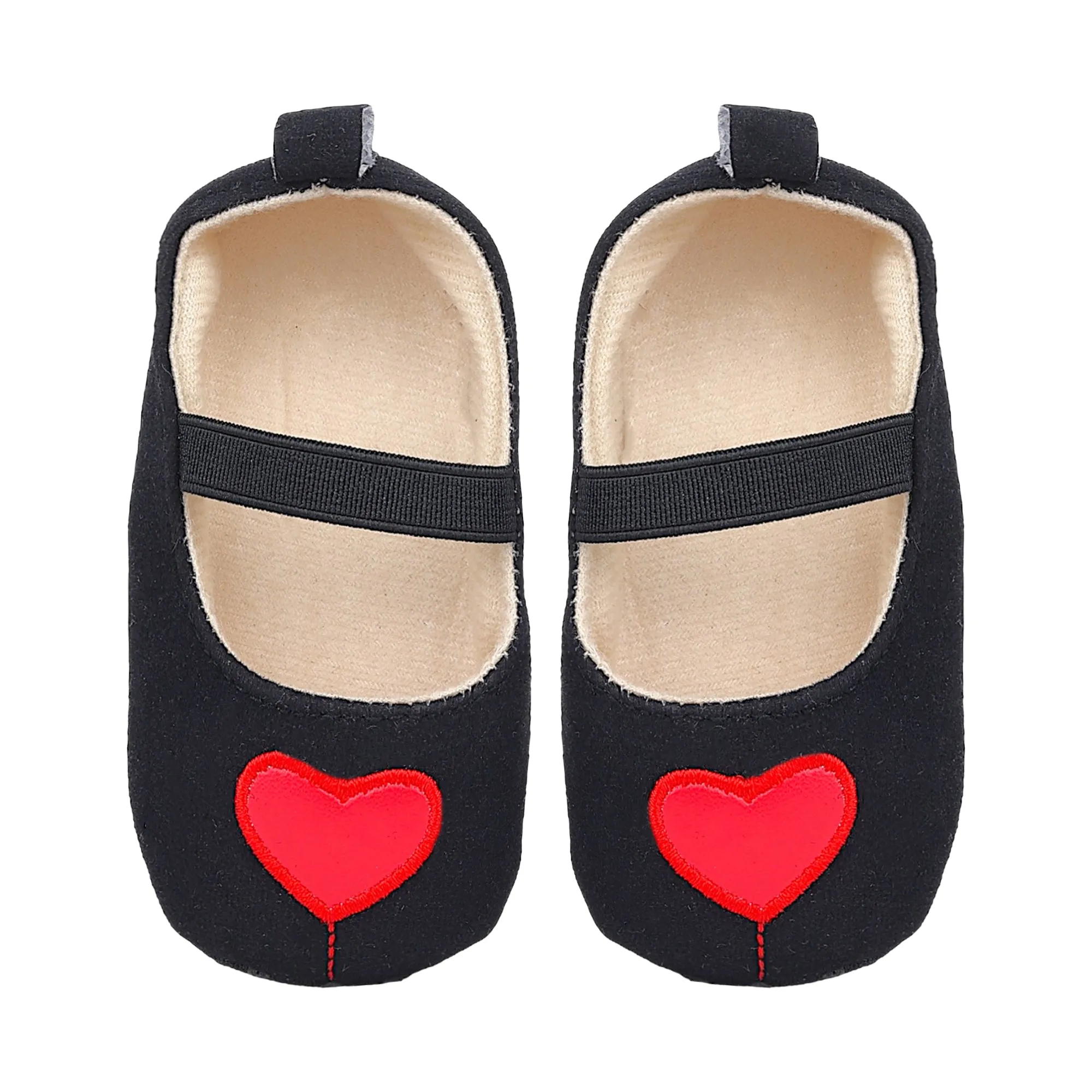 Baby Moo Queen Of Hearts Anti-Skid Elastic Strap Ballerina Booties - Black, Red