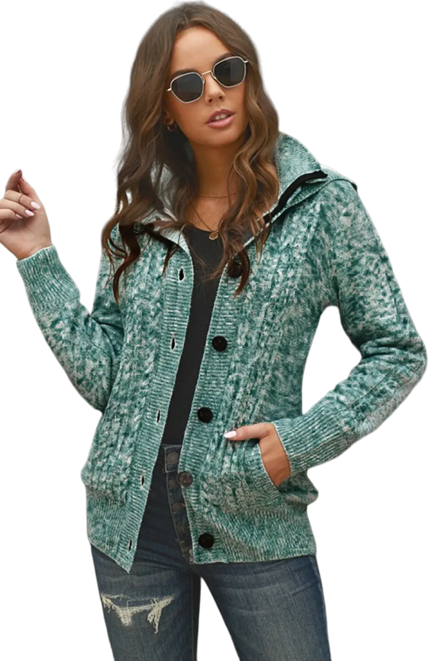 Cable-Knit Fleece Lining Button-Up Hooded Cardigan