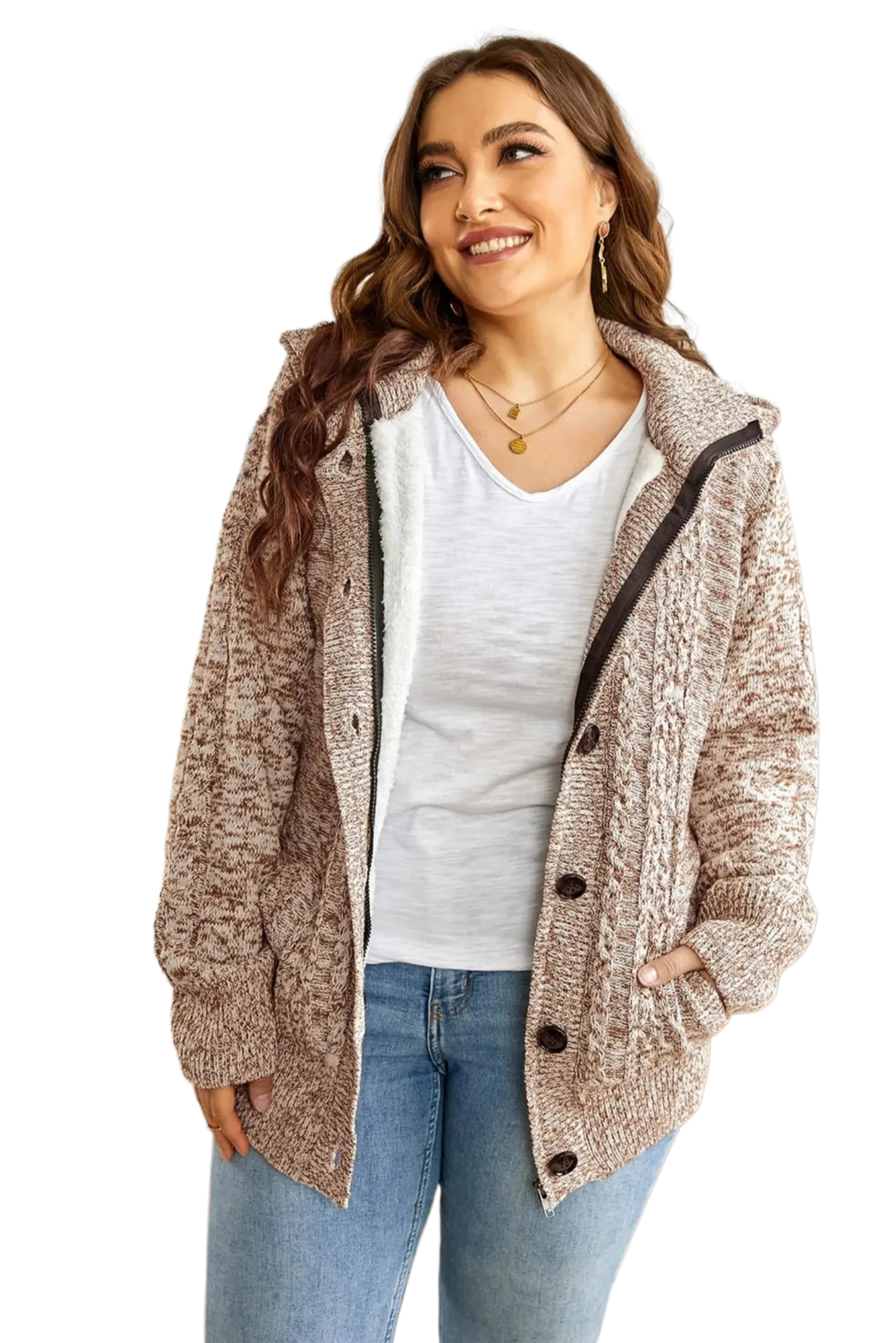 Cable-Knit Fleece Lining Button-Up Hooded Cardigan