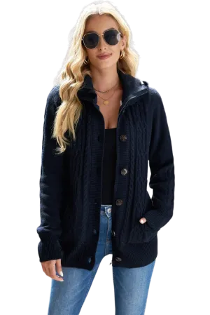 Cable-Knit Fleece Lining Button-Up Hooded Cardigan