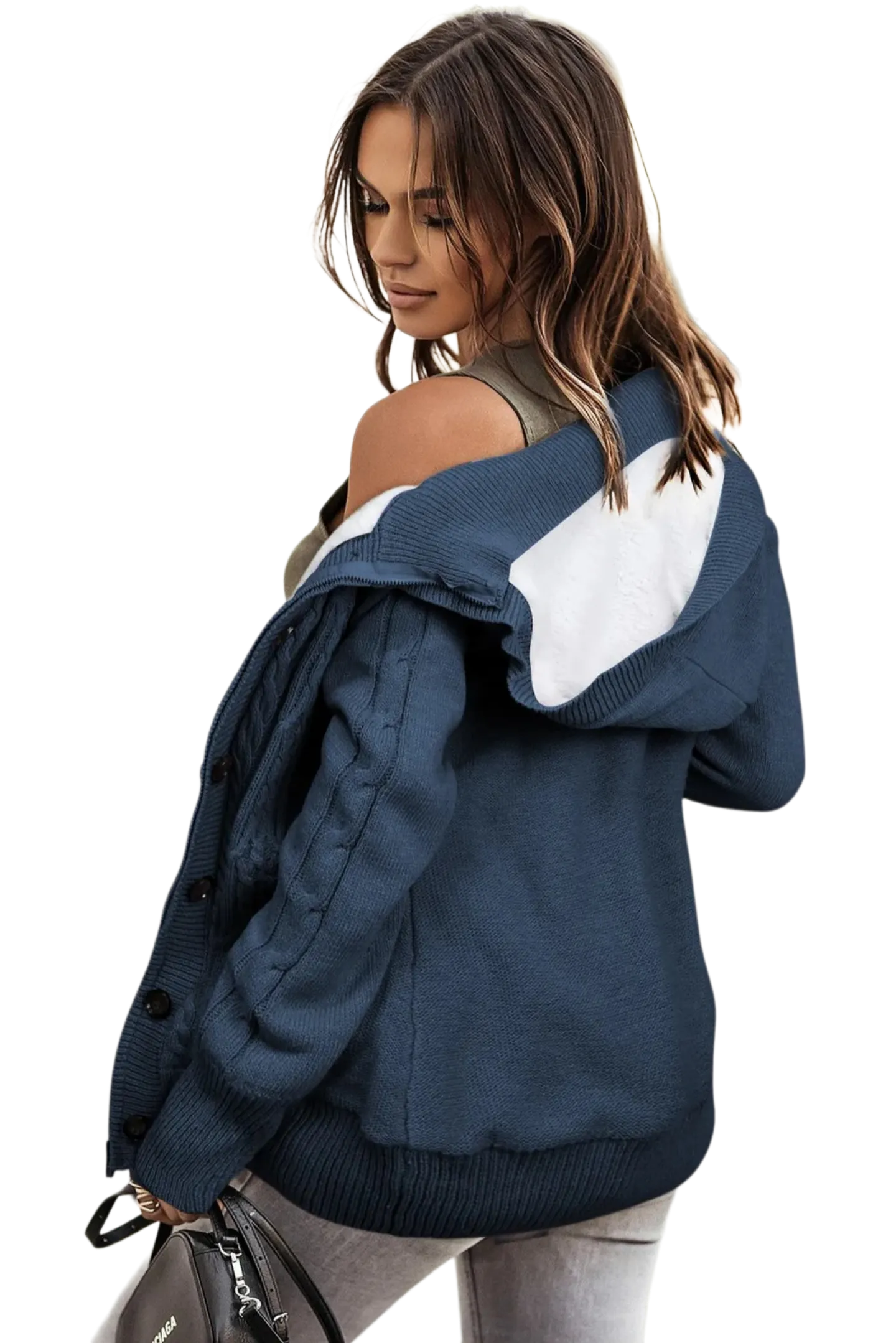 Cable-Knit Fleece Lining Button-Up Hooded Cardigan