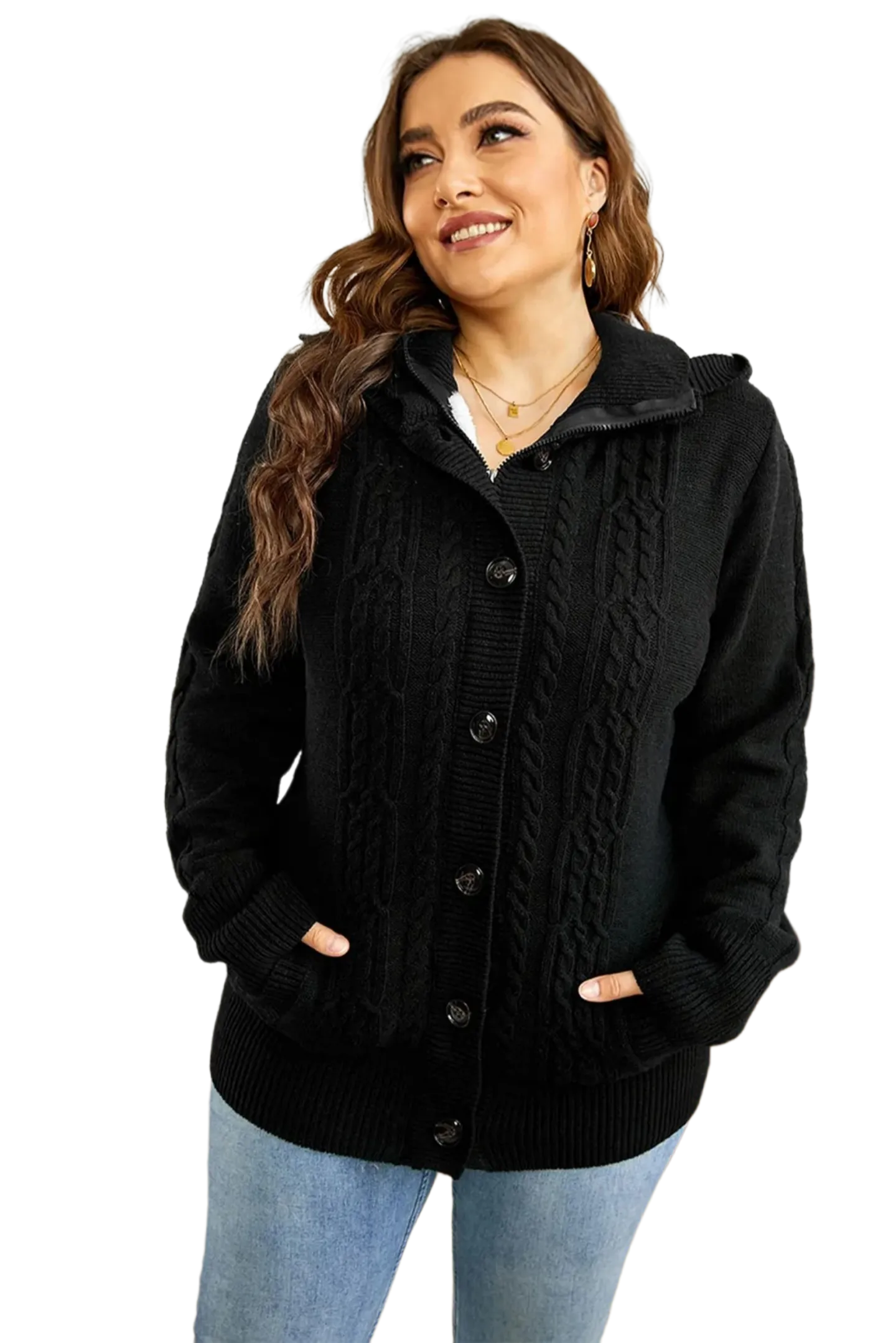 Cable-Knit Fleece Lining Button-Up Hooded Cardigan