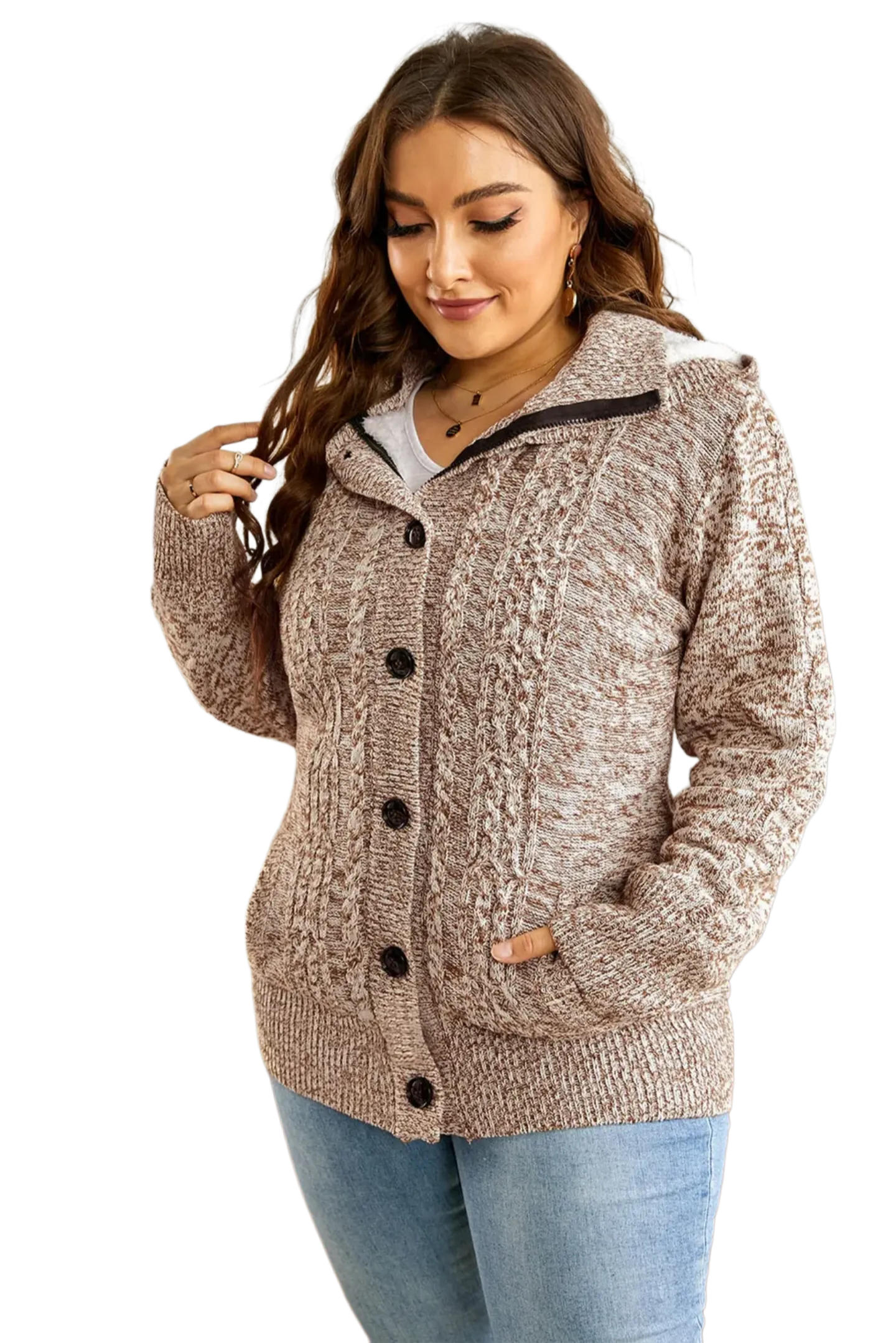Cable-Knit Fleece Lining Button-Up Hooded Cardigan