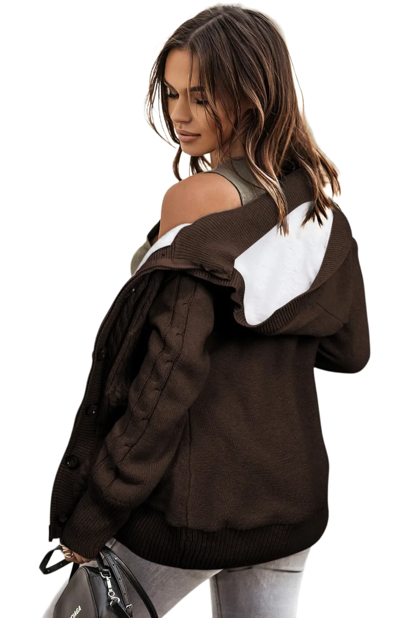 Cable-Knit Fleece Lining Button-Up Hooded Cardigan