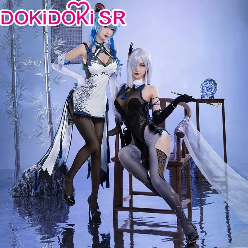 DokiDoki-SR Game Genshin Impact Cosplay Ganyu/Shenhe Cosplay Cheongsam Costume Blue-and-White Porcelain Style Doujin