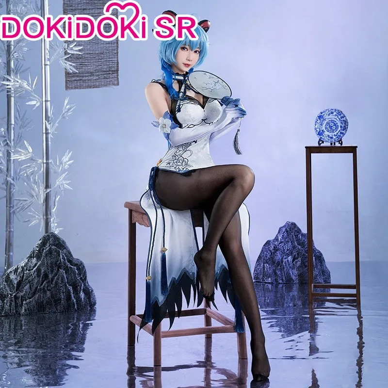 DokiDoki-SR Game Genshin Impact Cosplay Ganyu/Shenhe Cosplay Cheongsam Costume Blue-and-White Porcelain Style Doujin