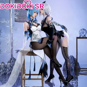 DokiDoki-SR Game Genshin Impact Cosplay Ganyu/Shenhe Cosplay Cheongsam Costume Blue-and-White Porcelain Style Doujin