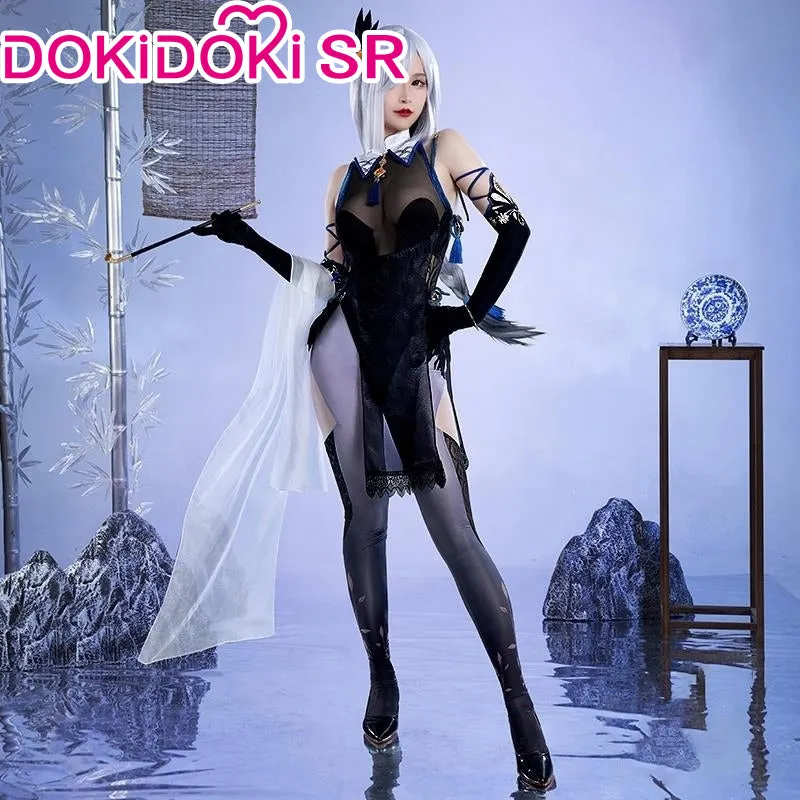 DokiDoki-SR Game Genshin Impact Cosplay Ganyu/Shenhe Cosplay Cheongsam Costume Blue-and-White Porcelain Style Doujin