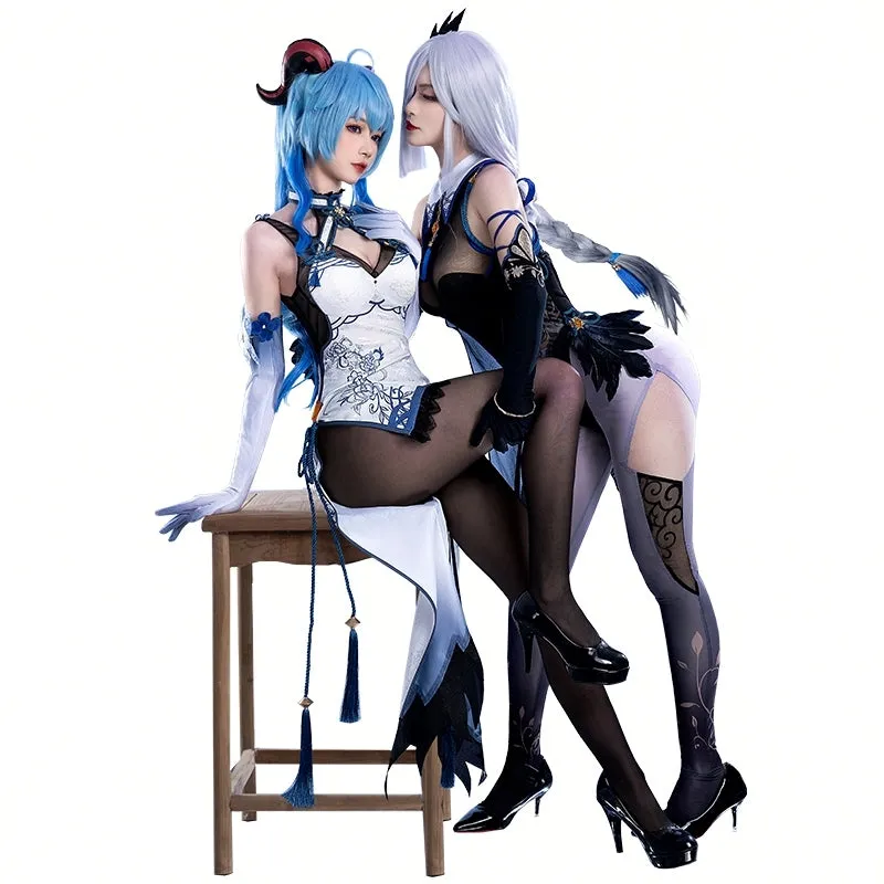 DokiDoki-SR Game Genshin Impact Cosplay Ganyu/Shenhe Cosplay Cheongsam Costume Blue-and-White Porcelain Style Doujin