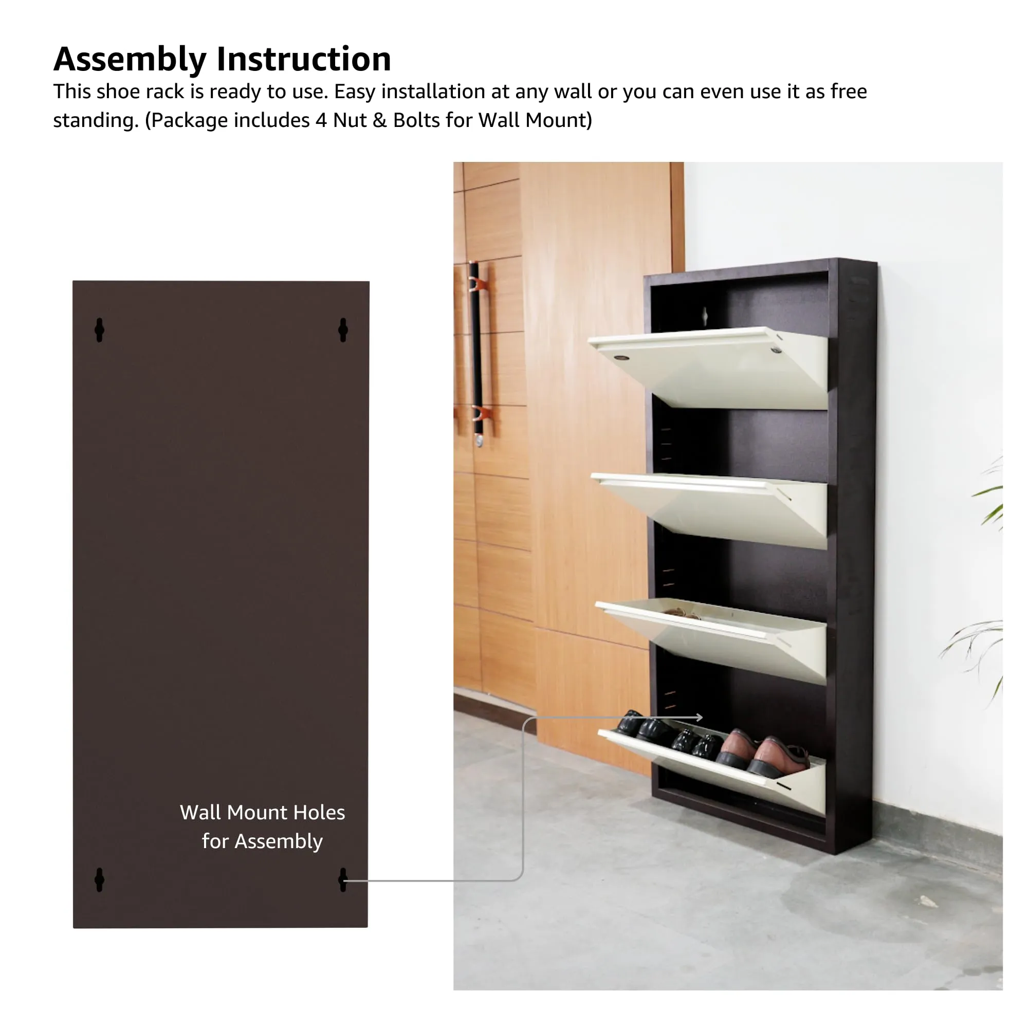 EQUAL 4 Door Mild Steel Shoe Rack for Home | Wall Mounted Metal Shoe Rack | 3 Year Warranty | Chappal Stand Organizer with Lock (15 x 65.5 x 143cm - White & Brown)