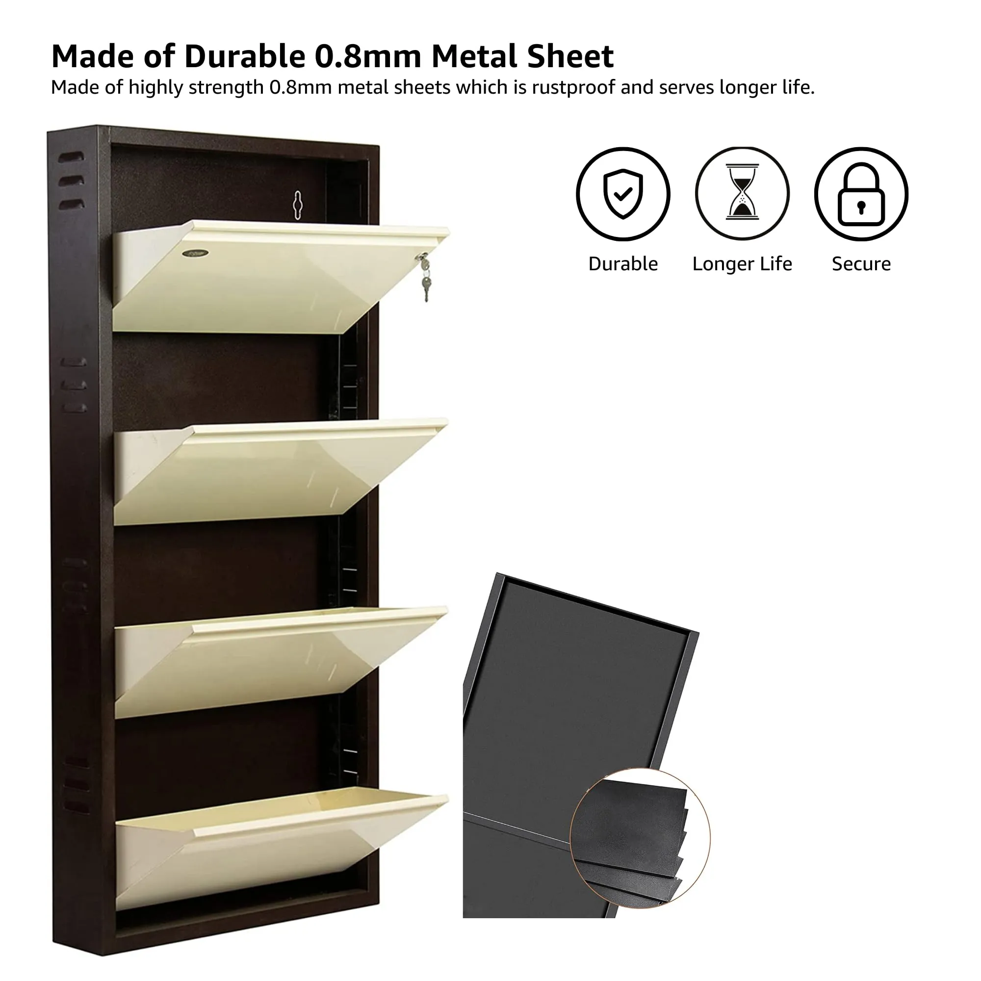 EQUAL 4 Door Mild Steel Shoe Rack for Home | Wall Mounted Metal Shoe Rack | 3 Year Warranty | Chappal Stand Organizer with Lock (15 x 65.5 x 143cm - White & Brown)