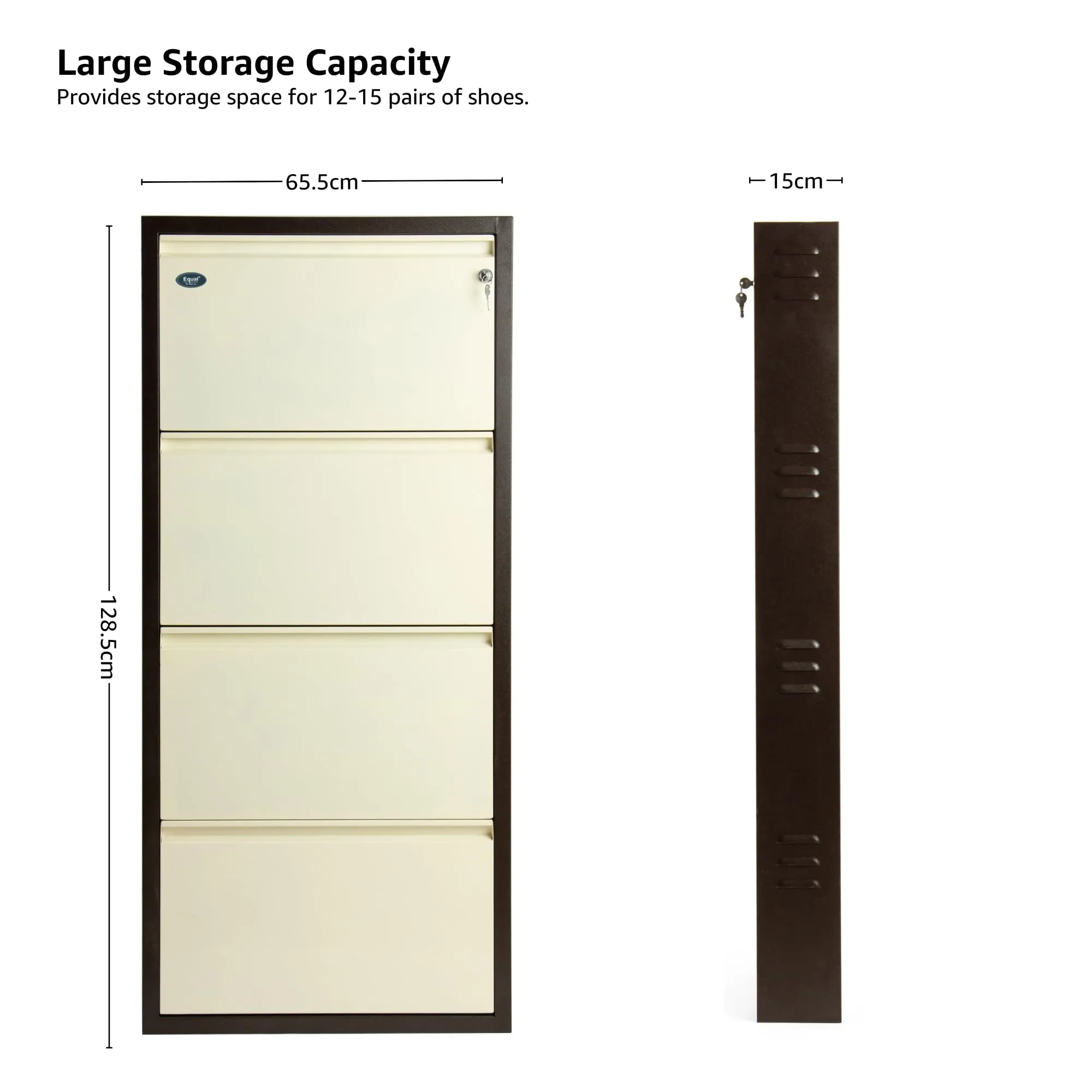 EQUAL 4 Door Mild Steel Shoe Rack for Home | Wall Mounted Metal Shoe Rack | 3 Year Warranty | Chappal Stand Organizer with Lock (15 x 65.5 x 143cm - White & Brown)