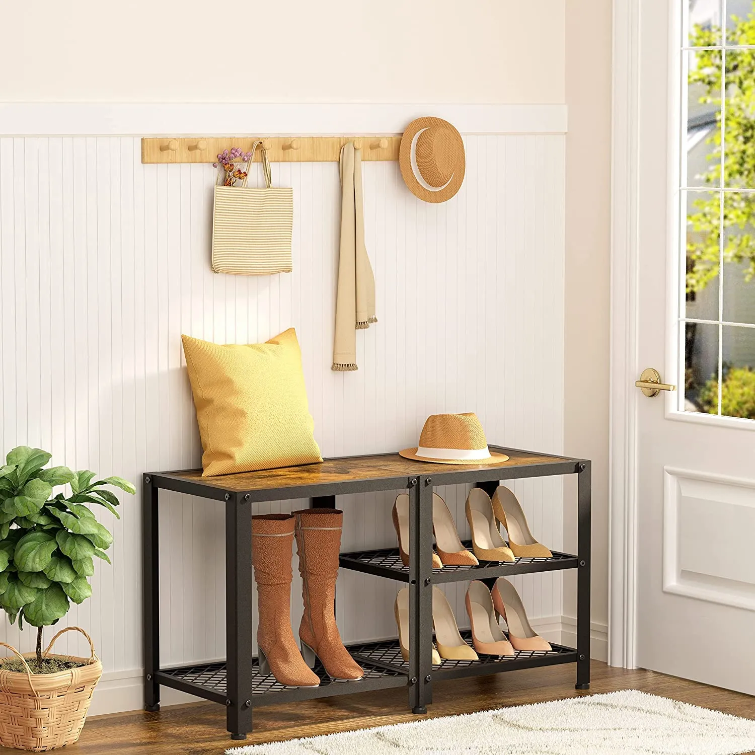 Indian Decor 415609 Shoe Rack 3-Tier Entryway,Boots Storage,Shoe Shelf,Small Rustic Shoe Rack,Shoe Bench,Shoe Stand,Metal Wood Bench,Shoe Storage Bench,Industrial Shoe Rack Closet,Hallway, Livingroom