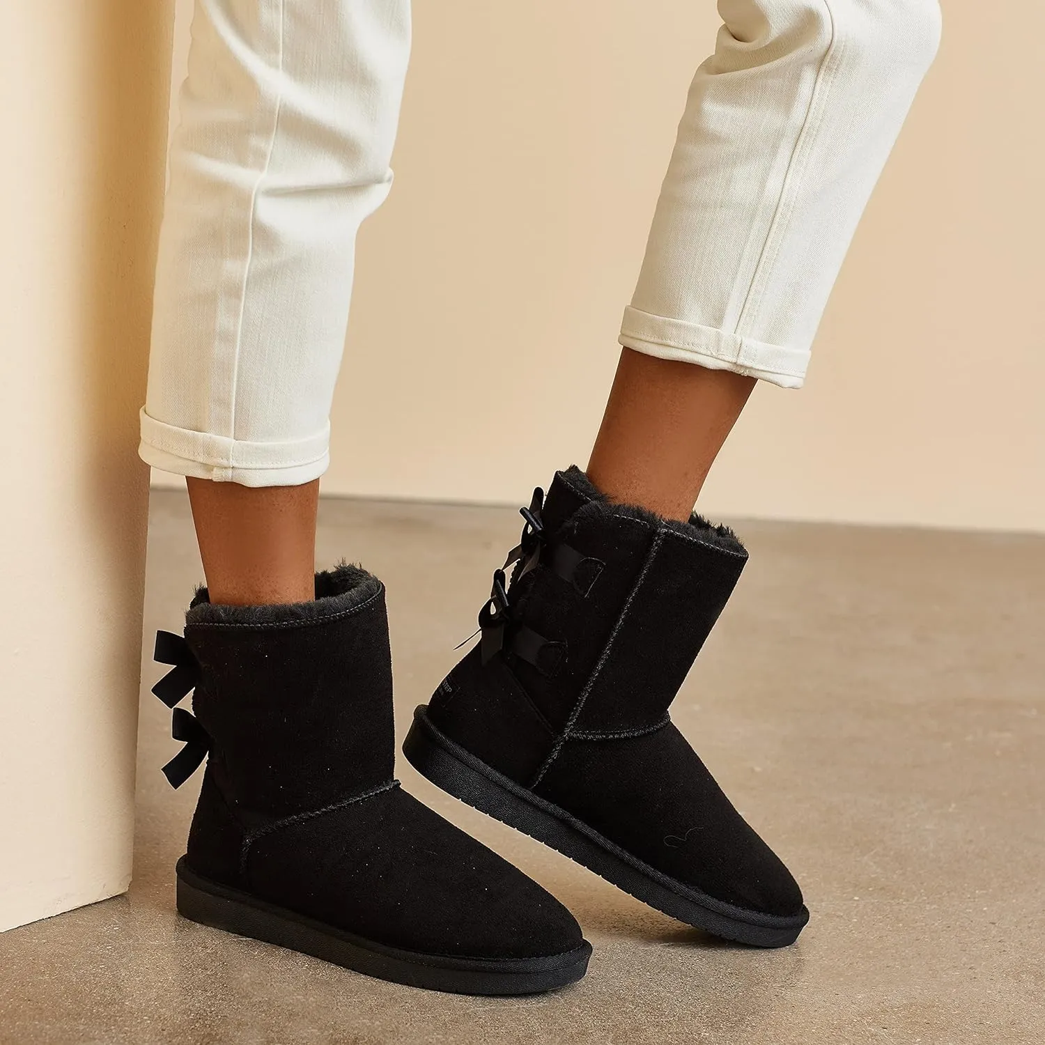 Stylish Back Bow Fur Lined Comfy Grey Suede Winter Boots