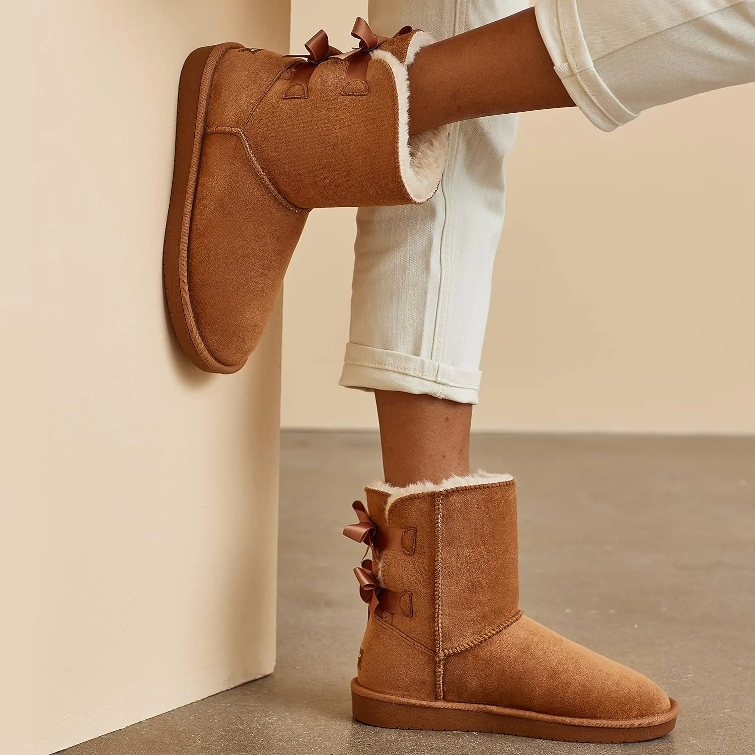 Stylish Back Bow Fur Lined Comfy Grey Suede Winter Boots