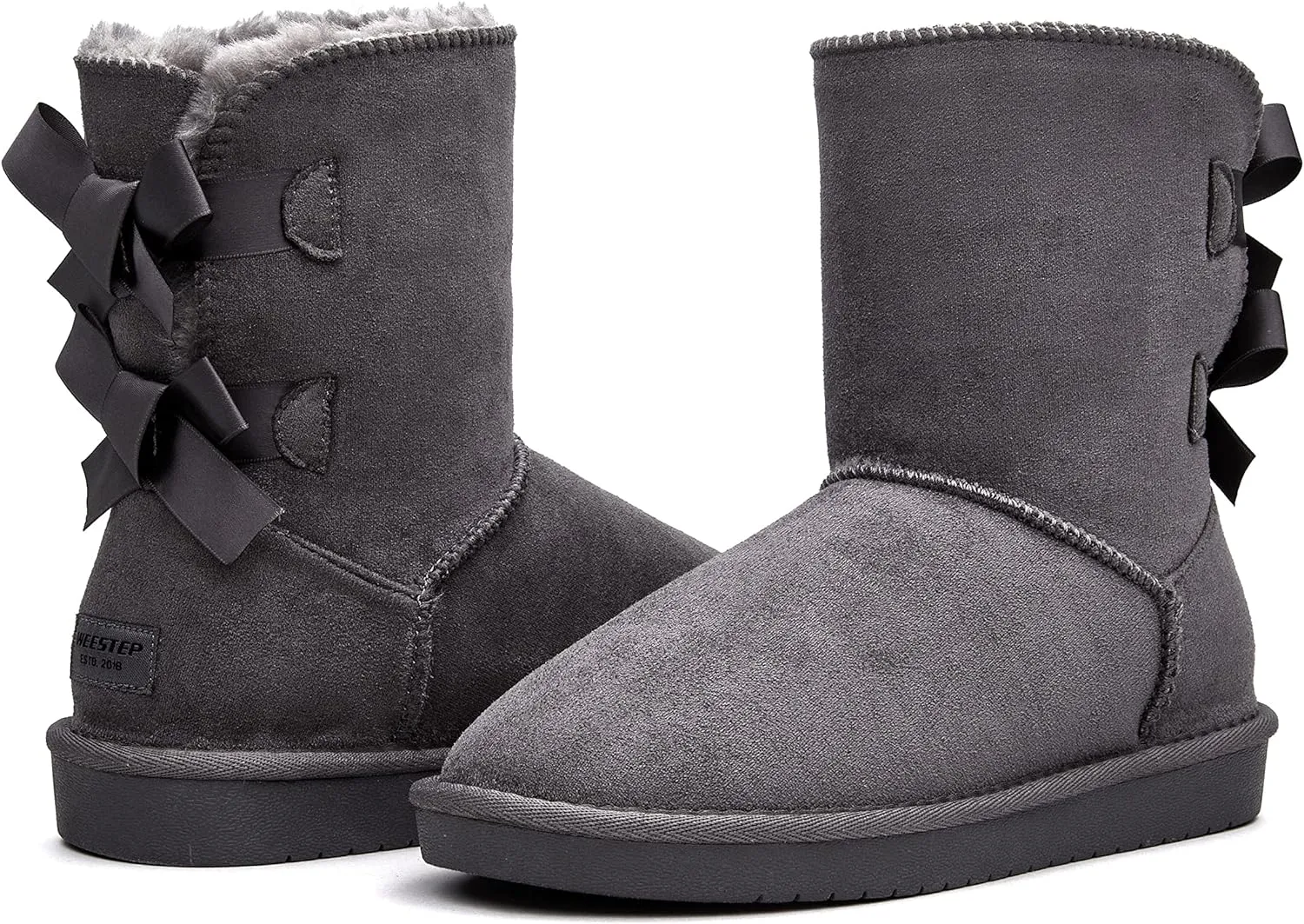 Stylish Back Bow Fur Lined Comfy Grey Suede Winter Boots