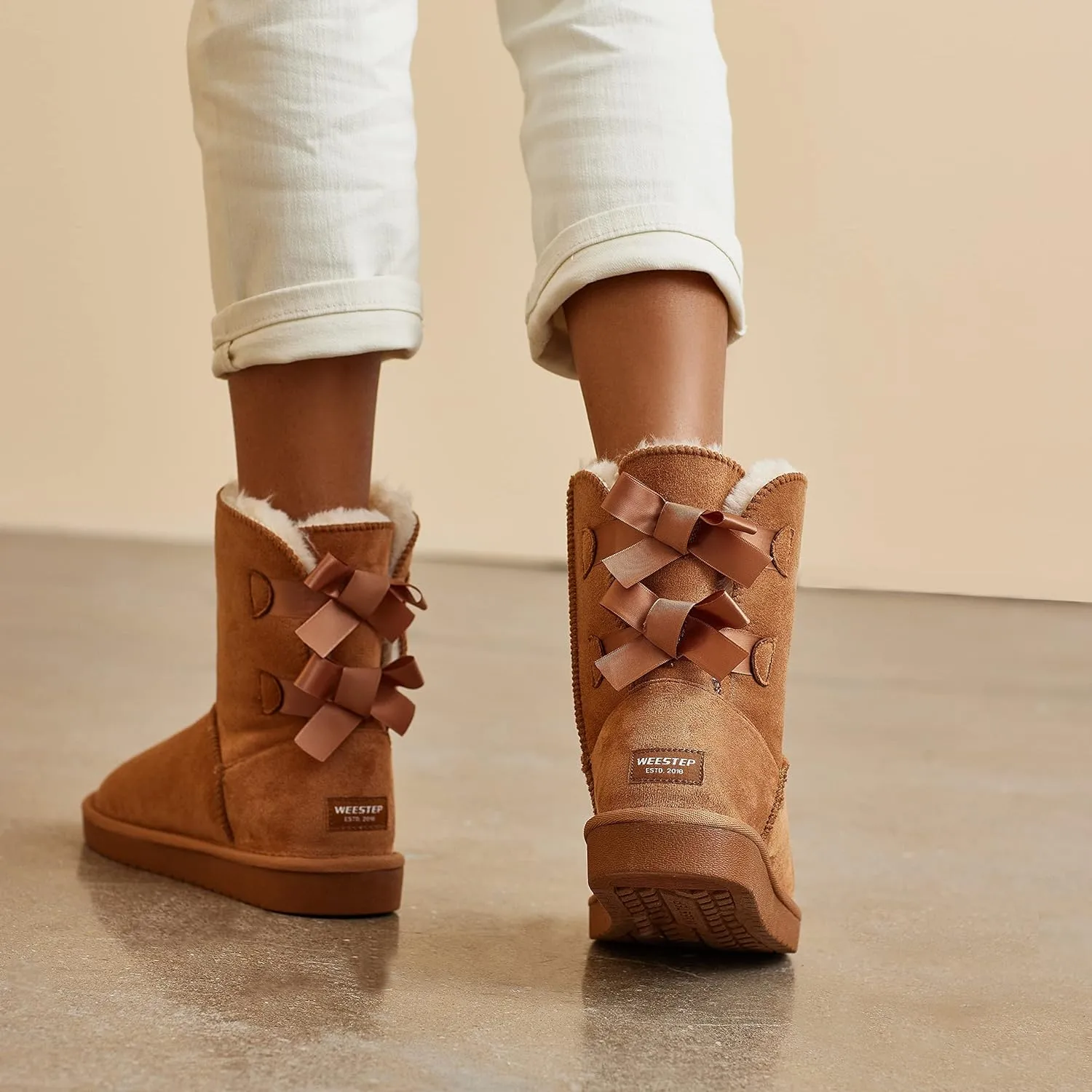 Stylish Back Bow Fur Lined Comfy Grey Suede Winter Boots
