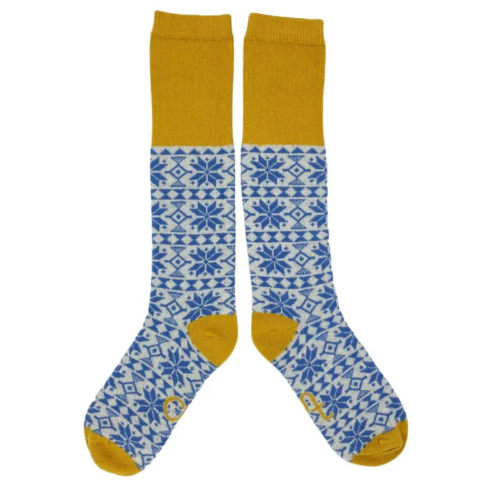 Women's Lambswool Fair Isle Knee Socks - Blue
