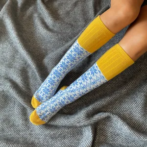 Women's Lambswool Fair Isle Knee Socks - Blue